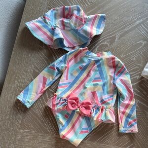 Tommy Bahama Pastel Stripe Long-Sleeve One-Piece Swimsuit with Sun Hat